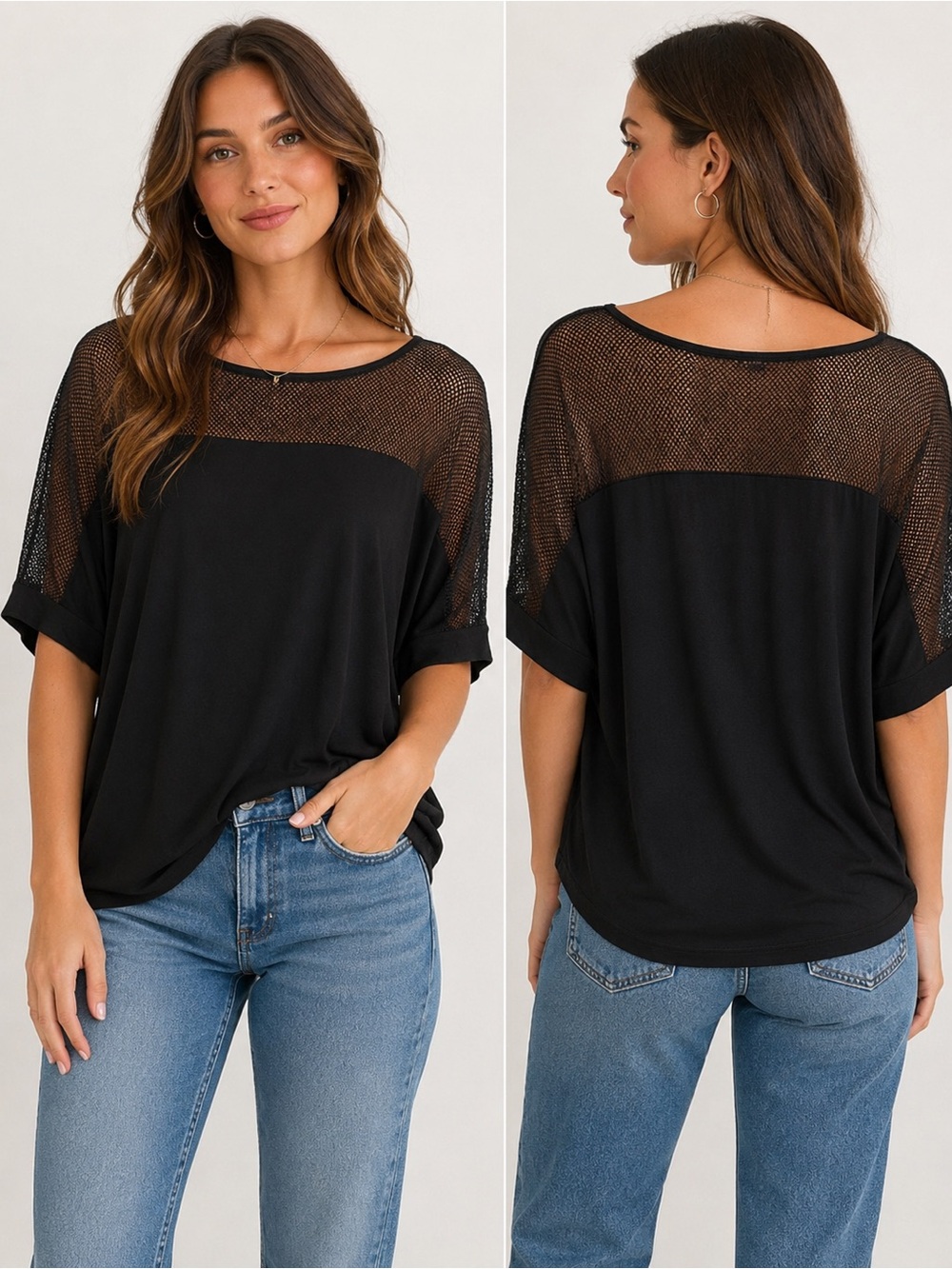 Forever 21 Black Mesh Yoke Dolman Sleeve Top Size Medium